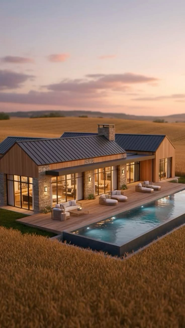 Woning met natuurlijke materialen in een open landschap