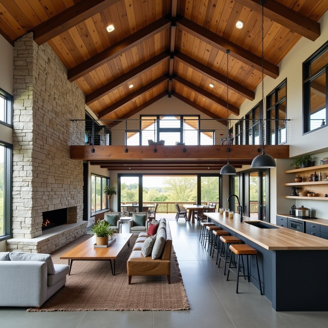 Interieur met natuurstenen schouw, vide en keukeneiland