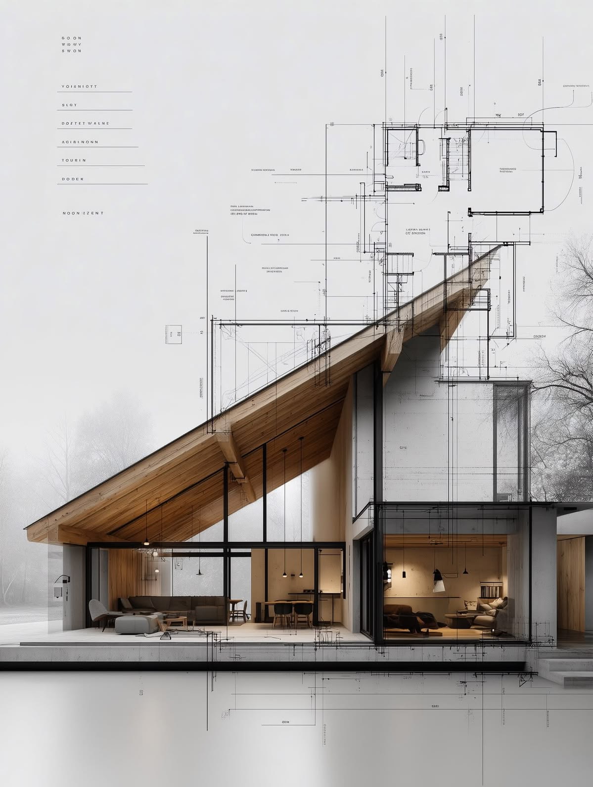 Bouwtekening van een woning met houten kapconstructie, gecombineerd met een doorsnede van het interieur