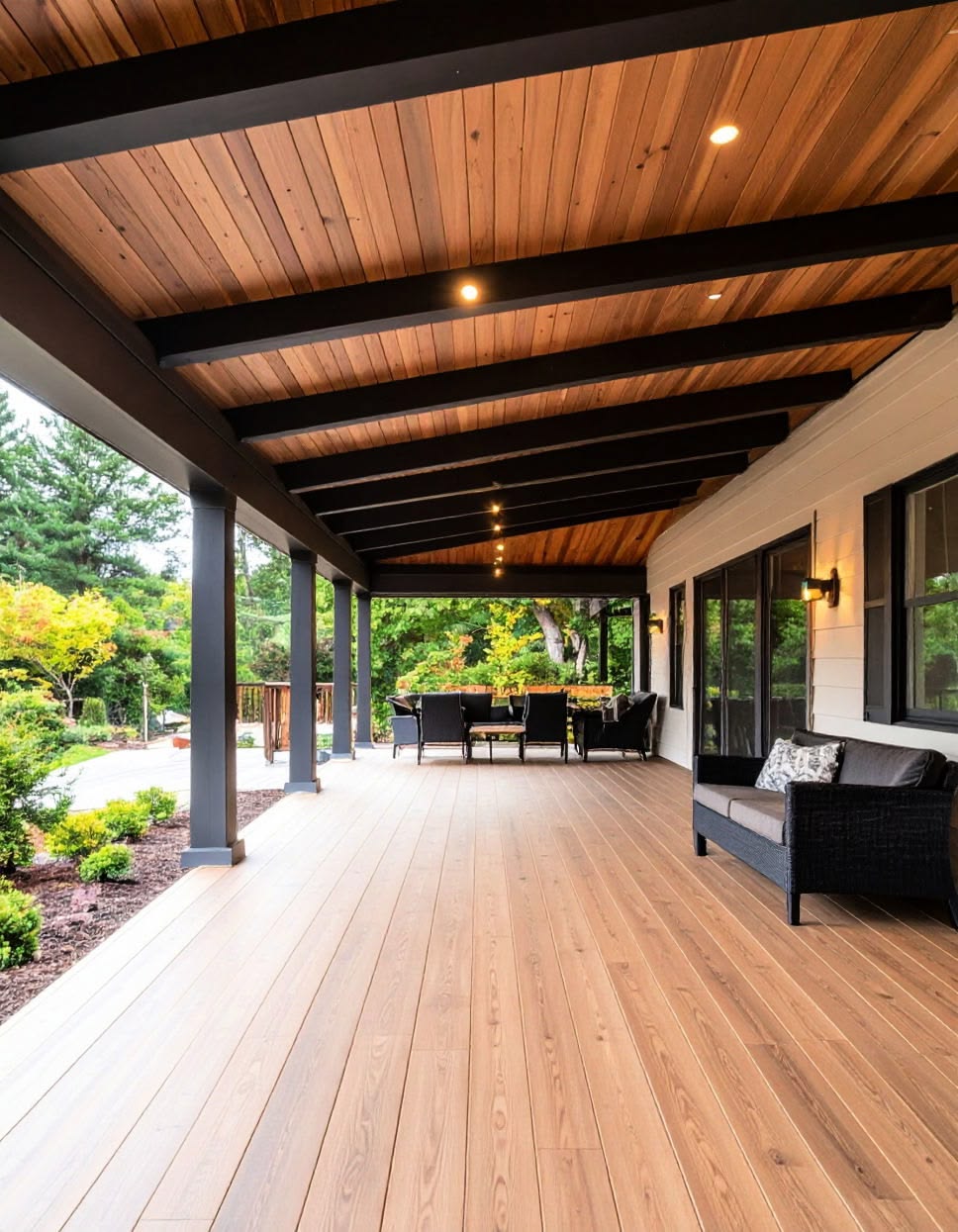 Lange overdekte veranda met houten plafond, beschut tegen zon en regen